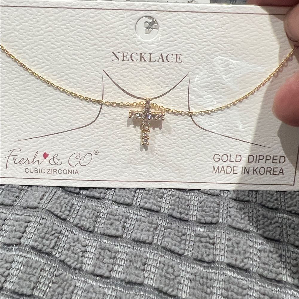 Gold Dipped Cross Necklace with Cubic Zirconia